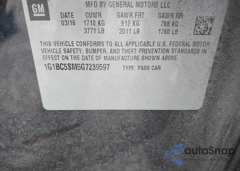 2016 Chevrolet Cruze Ls Auto from USA, damaged, VIN 1G1BC5SM5G7239597